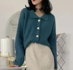 襟付きパールボタン 秋冬トップス／セーター ニットカーディガン F