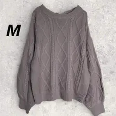 コルザ　ニット　M　薄紫　リボン　ダイヤモンド編み　丸首　リブ編み　セーターのサムネイル