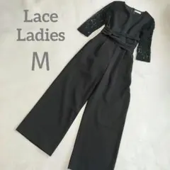 Lace Ladies レース七分丈ワイドレッグパンツドレス M ブラック