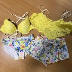 水着 4点セット イエロー レース ＆ 花柄 ビキニ・ショートパンツ付 S
