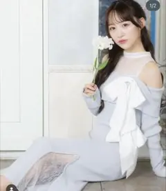 ブルー　ビッグリボンオフショルマーメイドop アイスグレー ニット　ニットワンピ