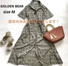 ゴールデンベア　半袖シャツワンピース　M モスグリーン　小花　ウエストリボンのサムネイル
