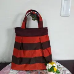 帯リメイクグラニーバック 赤焦げ茶市松模様　茶色帯底