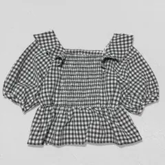 ems excite♡チェック柄シャーリングブラウス　ペプラム　ブラック　F