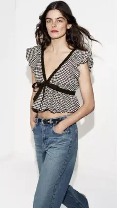 ZARA ギンガムチェック柄リボン付きバルーントップス ブラウン - メルカリ