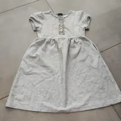 リボン付きボタンデザイン 半袖フレアドレス グレー