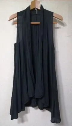 【訳あり】コットンジレ　ロングベスト　体型カバー　しわ加工　綿100％（黒）