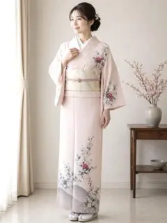 【美品】訪問着 花柄 ピンク 上品 和装 着物 レディース　シルク風