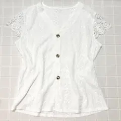 総レース ブラウス Vネック 半袖 フロントボタン ホワイト ゆったり L