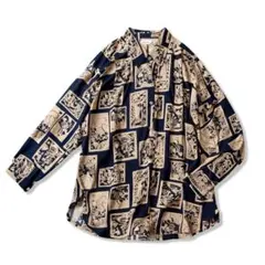 シルク100% 総柄ブラウス 民族 鳥柄 ゆるシルエット FREE