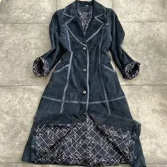 Vintage 本革 スウェード ロングコート ネイビー レザー 総柄 ゴシック