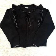 新品タグ付✨アクシーズファム バイカラーフリルニットPO 黒 F パール付