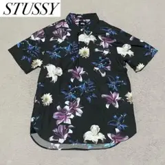 ステューシー　アロハシャツ　ハーフボタン　総柄　花柄　ピスタグ　ブラック　L