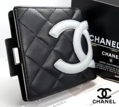 【美品】 シャネル　二つ折り財布 カンボンライン ラムスキン ブラック がま口