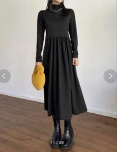 【美品】ブラック ロング ワンピース 長袖 きれい ドレス 柔らか スタイルUP