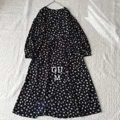 ジーユー ロングワンピース フレア 花柄 ネイビー (M) 上品 総柄