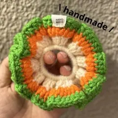 オレンジ緑·͜·シュシュ‪ ハンドメイド‪ 編み物‪ かぎ針編み 毛糸218