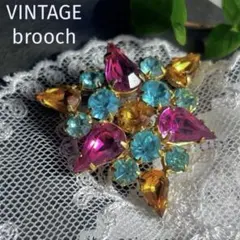 良品【3色の美しい古ガラス＊小ぶり】ヴィンテージブローチ ビビットカラー