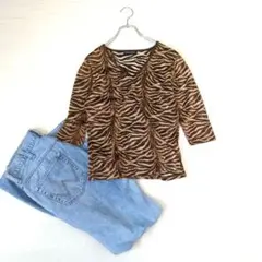 マッチアンドモア◇七分袖ゼブラ柄Vネックカットソー『L』ブラウン×ゴールド☆美品