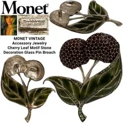 MONET VINTAGE チェリー リーフモチーフ ストーン装飾 ピンブローチ