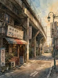 c1625_水彩画風 レトロな街並みと高架下の風景画 夕暮れの街角 インテリアア