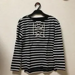 新品未使用！コットン ボーダー 編み上げ カットソー ネイビー 春夏のサムネイル