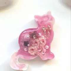 ぷっくらレジン 猫モチーフ レジンヘアゴム ドライフラワー 金箔