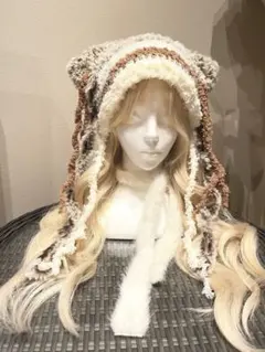 ねこみみ　ニット帽　y2k グランジ ヘッドドレス　ベージュ系　サブカル
