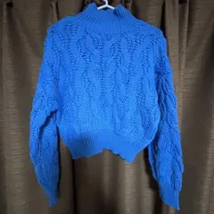 (新品)青 ケーブル編み タートルネック セーター