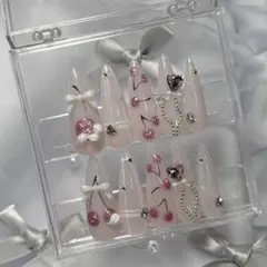 99【サイズオーダー】ネイルチップ　さくらんぼ　春　フレンチガーリー　リボン