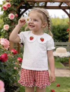 【韓国】イチゴ襟付きトップスとチェックショートパンツセット 100cm2〜3歳