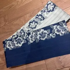 半幅帯　青　花柄　袴　卒業式　浴衣帯　リバーシブル帯　レトロ