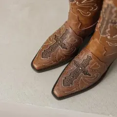 ハンドメイド レザーロングブーツ レディース ウエスタン風 刺繍デザイン