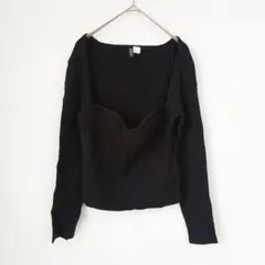H&M DIVIDED ハートネック リブニット トップス ブラック L