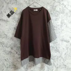 美品　タケオキクチ　カットソー【L】ブラウン　グレー　ストライプ　異素材切替