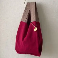 ざっくりナチュラル綿麻小さめエコバッグ　ガーネット×モカ