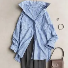 美品＊ドゥーズィエムクラス コットン長袖シャツ 紺ストライプ 洗える 