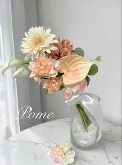 【値下げ中】ウェディングブーケ ブートニア　造花　ピンク系　花瓶セットリボン付き