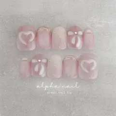 ピンクぷっくりハート リボンネイルチップ