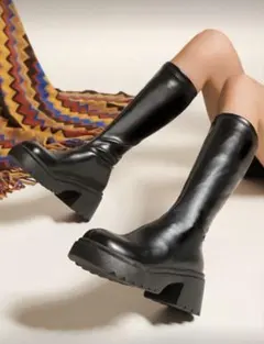 ブラックレザー厚底ロングブーツ