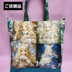 ハンドメイド、うさぎと女の子パネル生地ビッグサイズトートバッグ