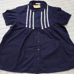 ESTACOTネイビー 半袖シャツ 花柄刺繍 3L