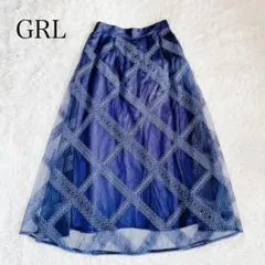 グレイル　レース刺繍　フレアスカート　チェック柄　ネイビー　M ウエストゴム　春