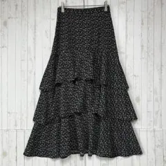 ◆ナイスクラップ　花柄　ロング　ティアードスカート　ウエストゴム　黒　F