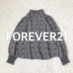 FOREVER21 ブラウス　M　千鳥格子　黒　白　スタンドカラー カットソー