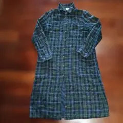 グリーン系チェック柄長袖シャツワンピース