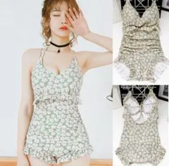 花柄フリルワンピース水着　グリーン