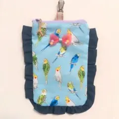 インコ　スマホポーチ　ペンポーチ　フリルポーチ　フラットポーチ　ハンドメイド