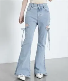 WEGO カットアウトリボンストレッチフレアデニムパンツ