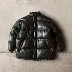 vintageフェイクレザー中綿ダウンジャケット肉厚キルティング黒ブラックXXL